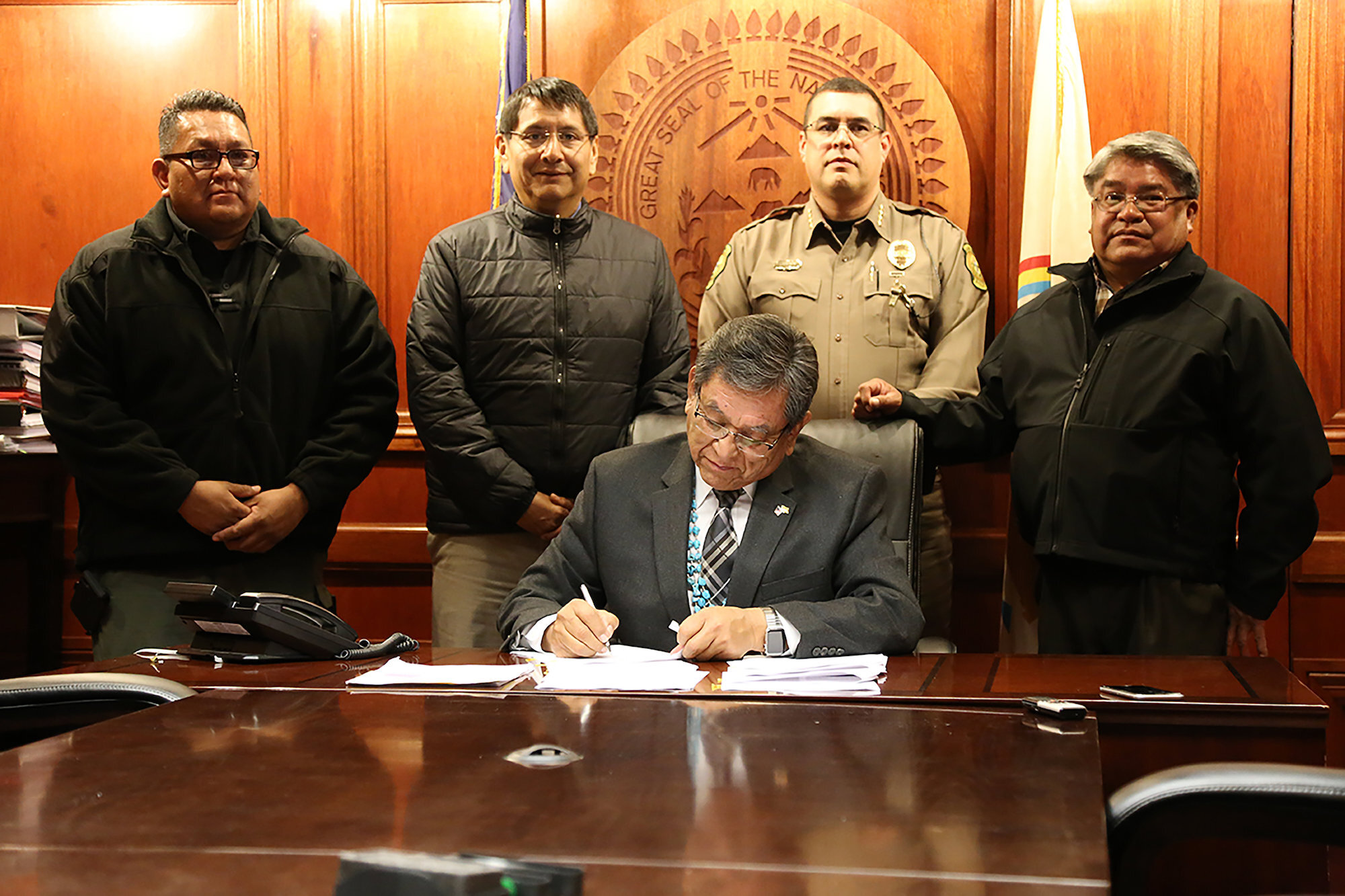 Navajo Nation President Russell Begaye is joined by NDEM Director Harland Cleveland, Vice President Jonathan Nez, Chief of Police Phillip Francisco and DPS Director Jesse Delmar.